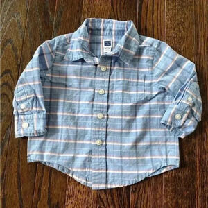 Janie and Jack Boys 3-6M Baby Blue/Pink/White Button Down Long-Sleeve Shirt